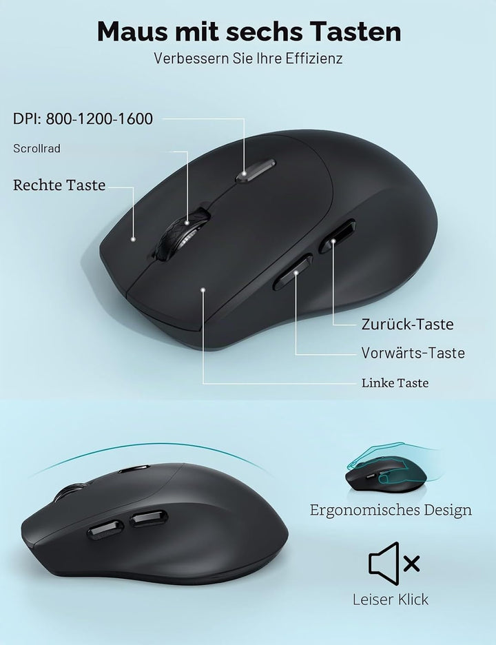 Tastatur Maus Set Kabellos, Ergonomische Tastatur in Voller Grösse mit Handgelenkauflage, Telefonhal