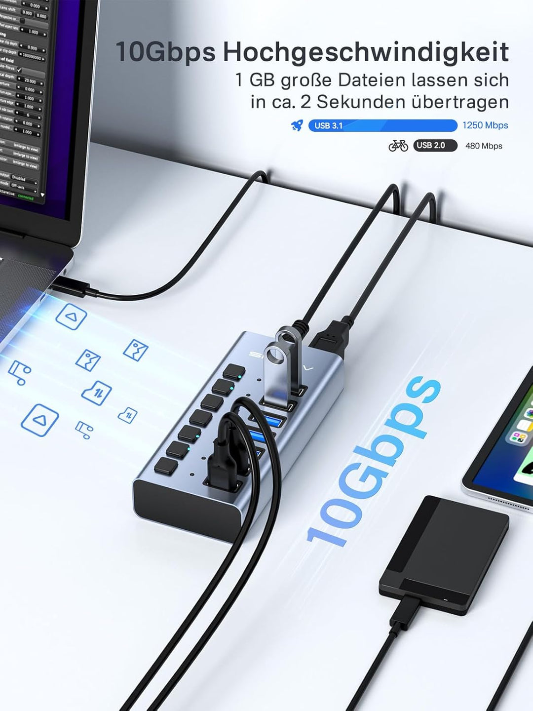 ACASIS Powered USB Hub,10 Ports USB 3.1 Hub with 10Gbps Data Speed, Individual On/Off Switches, 12V4