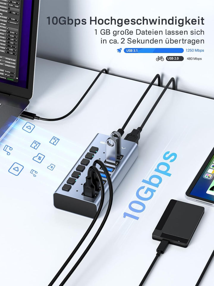 ACASIS Powered USB Hub,10 Ports USB 3.1 Hub with 10Gbps Data Speed, Individual On/Off Switches, 12V4