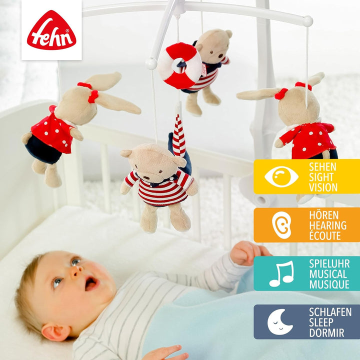 Fehn Musik Mobile Ocean Club - Baby Einschlafhilfe Musikspielzeug mit süssen Tieren - Babymobile Spi