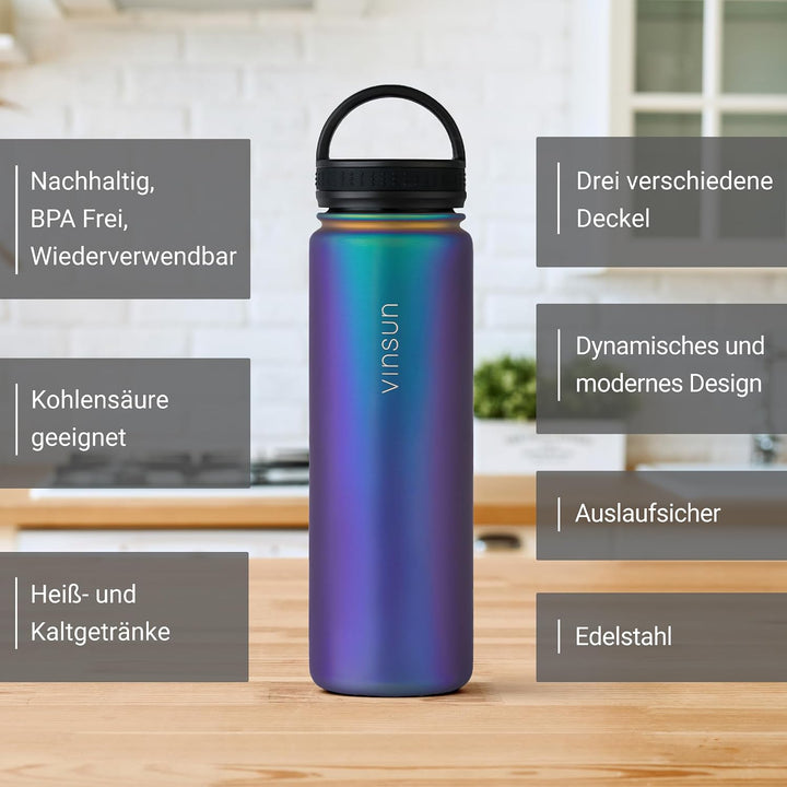 Vinsun Edelstahl Trinkflasche 750ml mit Strohhalm Deckel - 3 Deckel inkl. | Strohhalm, Trinköffnung,