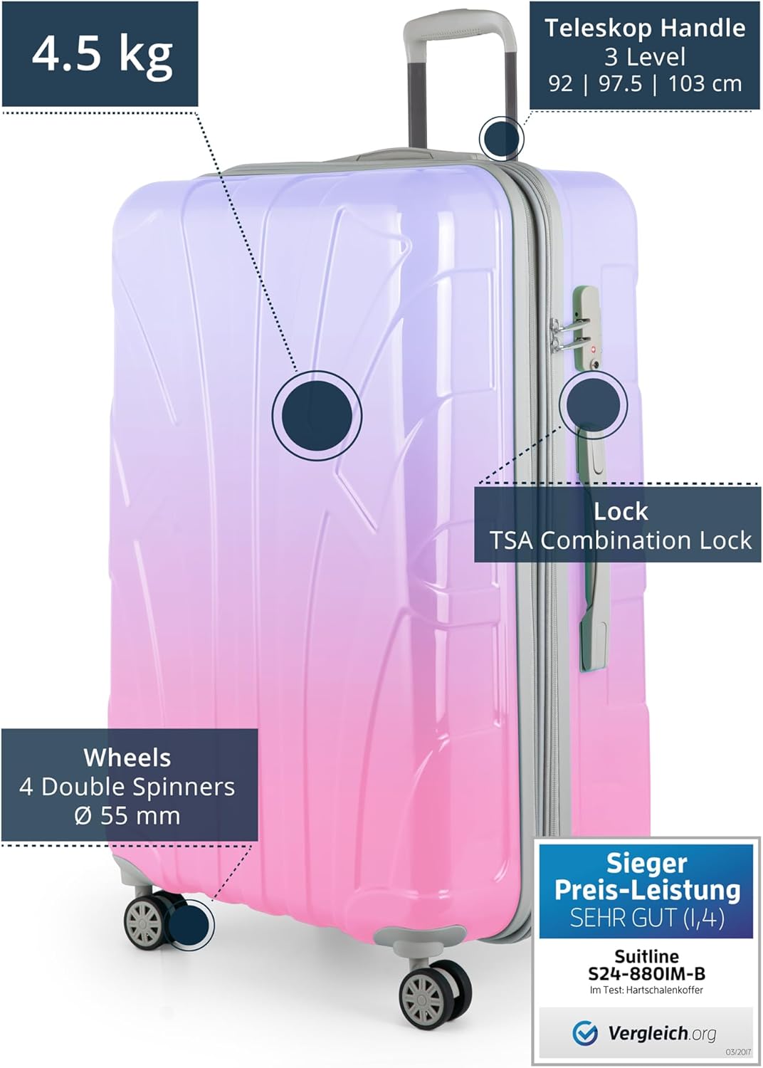 suitline - Grosser Hartschalen-Koffer Koffer Trolley Rollkoffer XL Reisekoffer, 76 cm, ca. 96-110 Li