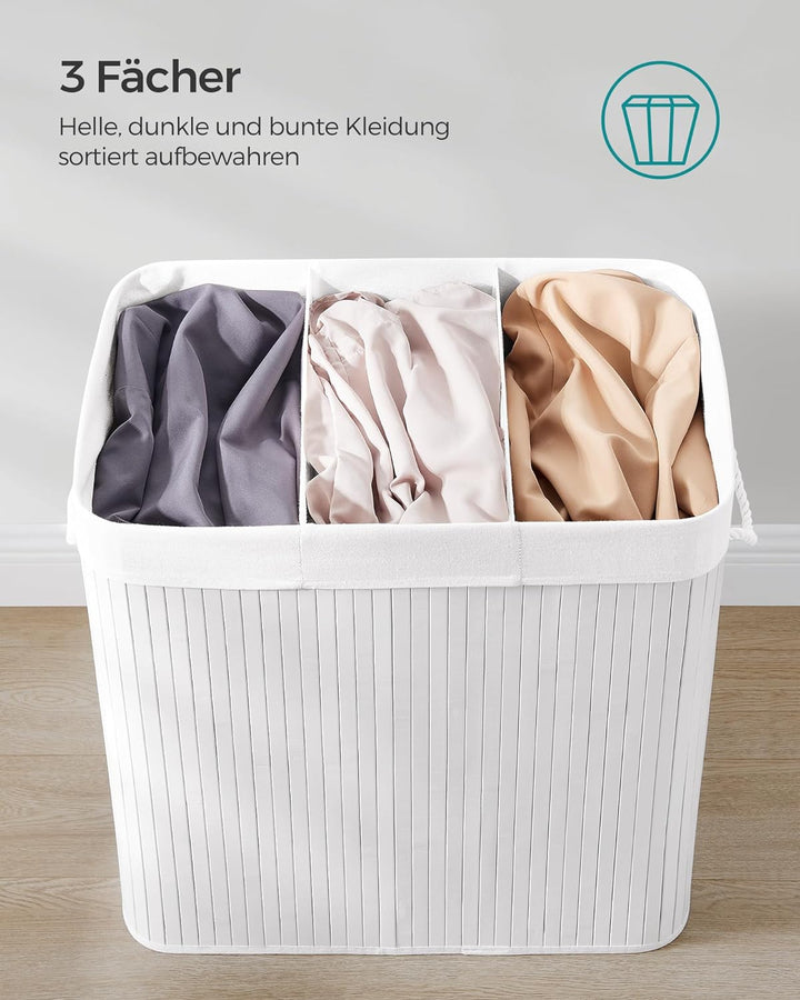 SONGMICS 150L Wäschekorb, Wäschebox mit Deckel, Wäschesortierer, aus Bambus, mit Griffen, 3 Fächern,