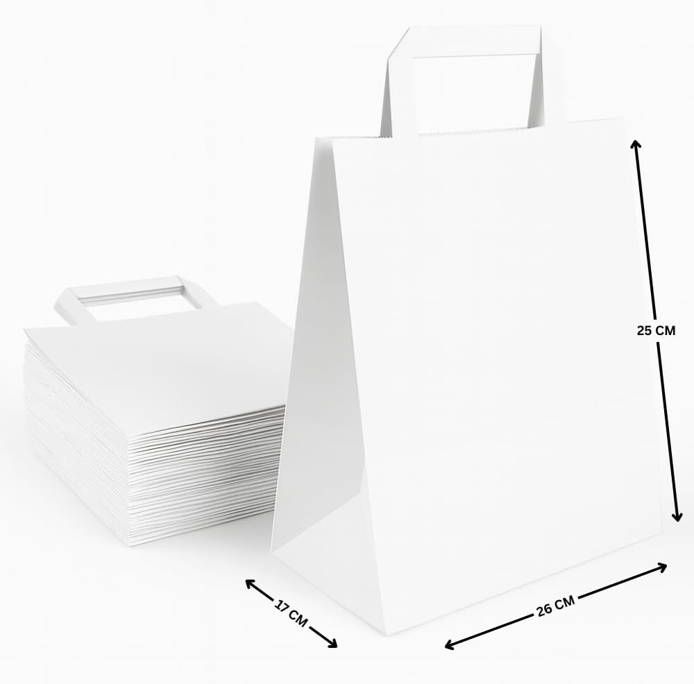Commerline Papiertragetaschen 26+17x25cm 250 Stück | Weiss Papiertüten | Kraftpapier Tüten mit Henke
