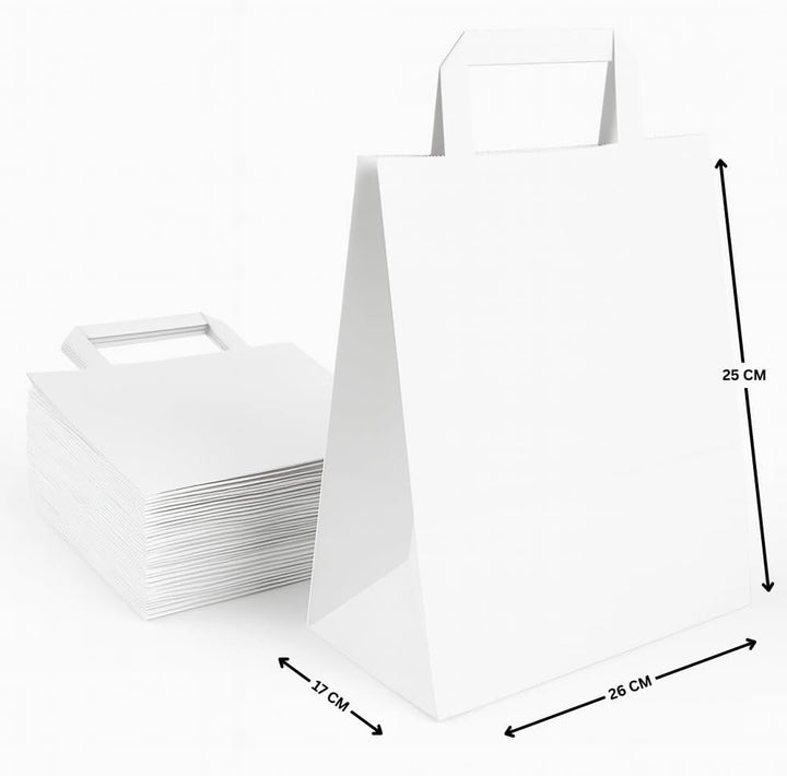 Commerline Papiertragetaschen 26+17x25cm 250 Stück | Weiss Papiertüten | Kraftpapier Tüten mit Henke