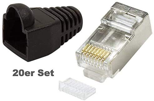 20er Pack RJ45 Crimpstecker Netzwerkstecker CAT 5e CAT 6 STP geschirmt mit Einfädelhilfe und Hülle K