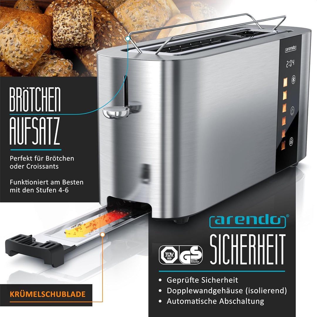 Arendo - Edelstahl Toaster 2 Scheiben Langschlitz - Touchscreen – Doppelwandgehäuse – Integrierter B