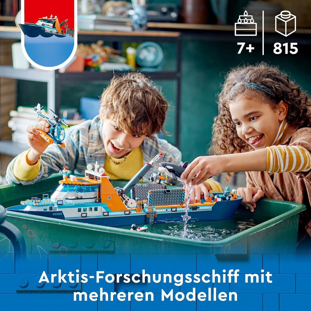 LEGO City Arktis-Forschungsschiff, grosses schwimmfähiges Spielzeug-Boot mit Hubschrauber, Beiboot,