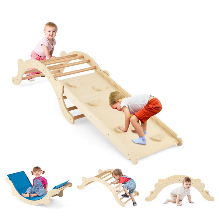 COSTWAY Kletterbogen mit Kissen, Kletterdreieck mit Rutsche Holz, 3 in 1 Klettergerüst Indoor zum Ru