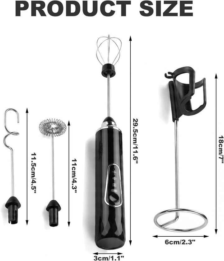 Elektrischer Milchaufschäumer Stab, 3-Kopf Handmixer Wiederaufladbar mit Praktischer Halterung, Leis