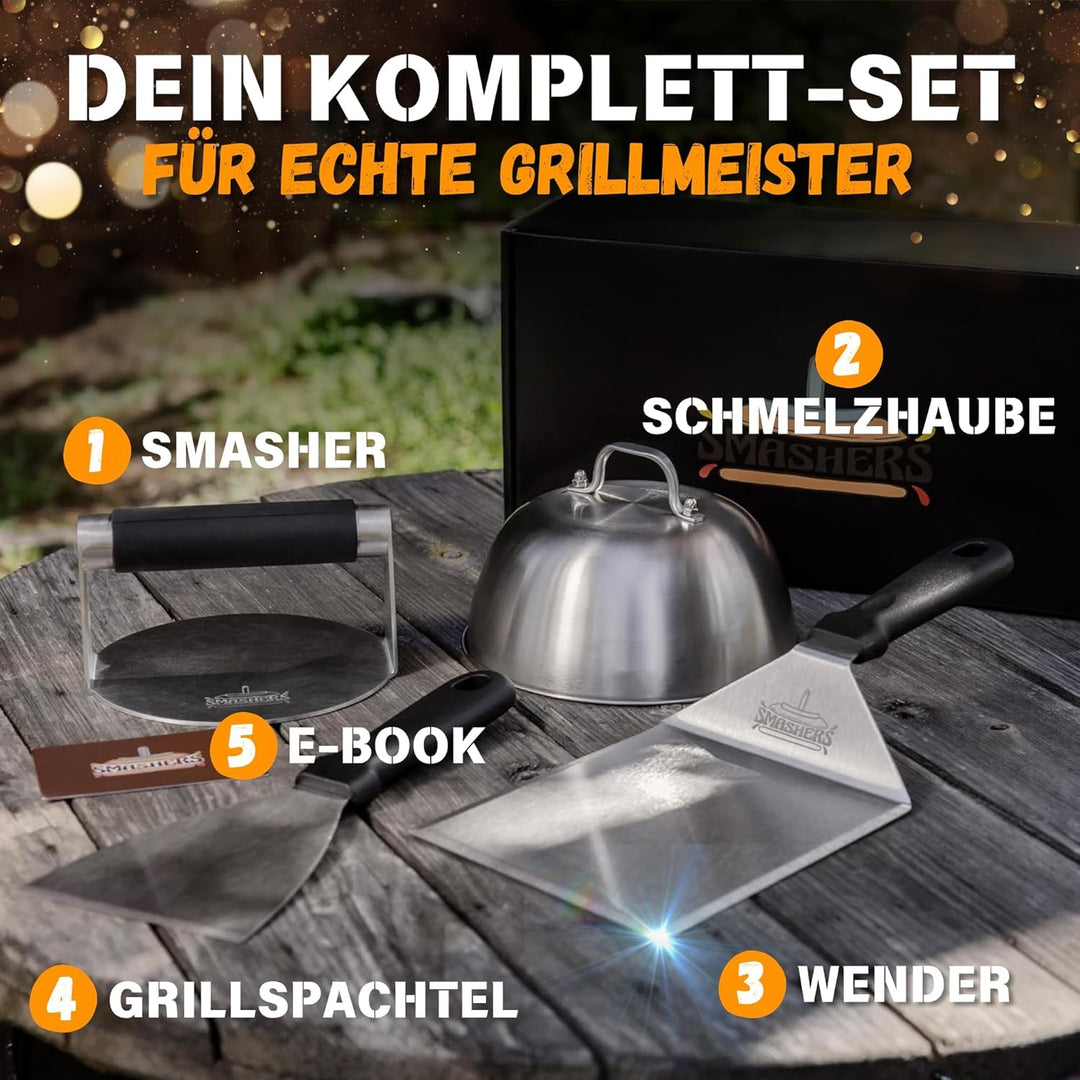 SMASHERS Smash Burger Set – Burger Smasher Set mit Burgerpresse, Grillspachtel, Pfannenwender & Burg