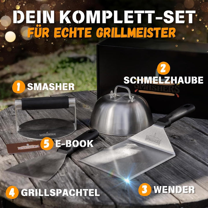 SMASHERS Smash Burger Set – Burger Smasher Set mit Burgerpresse, Grillspachtel, Pfannenwender & Burg