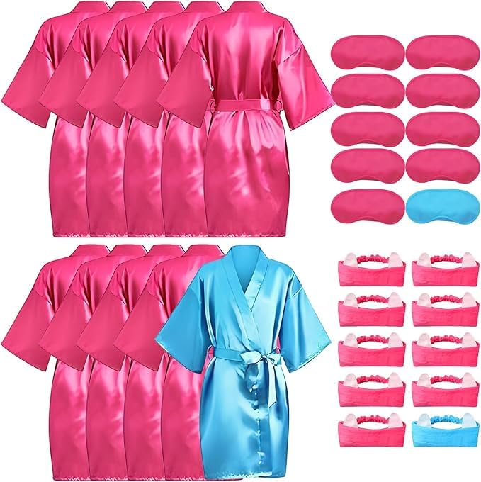LYCN 10 Stück Spa Bademantel Mädchen, Satin Kimono Bademantel mit 10 Seiden-Augenmasken und 10 Haarb