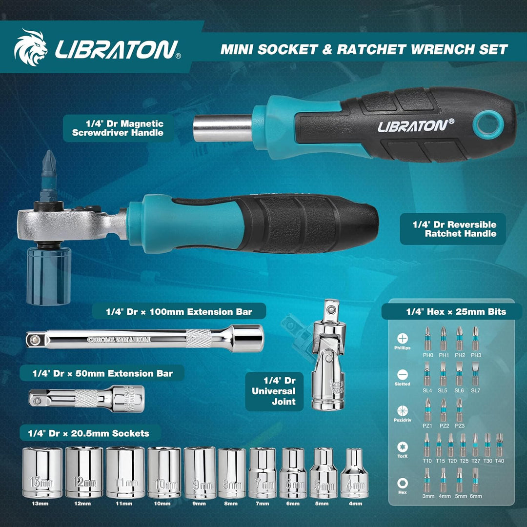 LIBRATON 37-tlg. 1/4 Zoll Ratschenkasten Mini Steckschlüsselsatz mit Bits, 4-13mm Stecknuss, Magnet-
