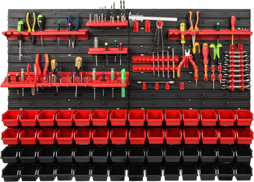 Lagersystem Werkstattregal | 115 x 78 cm | 56 stck. Box | Wandregal mit Werkzeughalterungen und Stap