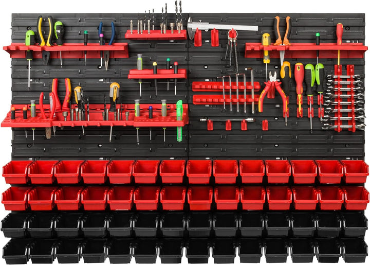 Lagersystem Werkstattregal | 115 x 78 cm | 56 stck. Box | Wandregal mit Werkzeughalterungen und Stap