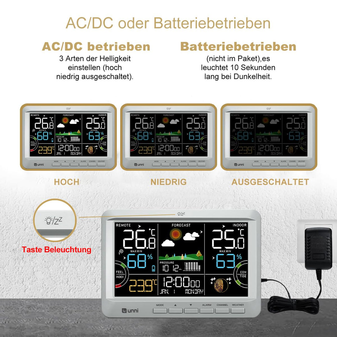 Funk Wetterstation mit Aussensensor Netzbetrieb und Batteriebetrieb, Funkwetterstation mit 3 Helligk