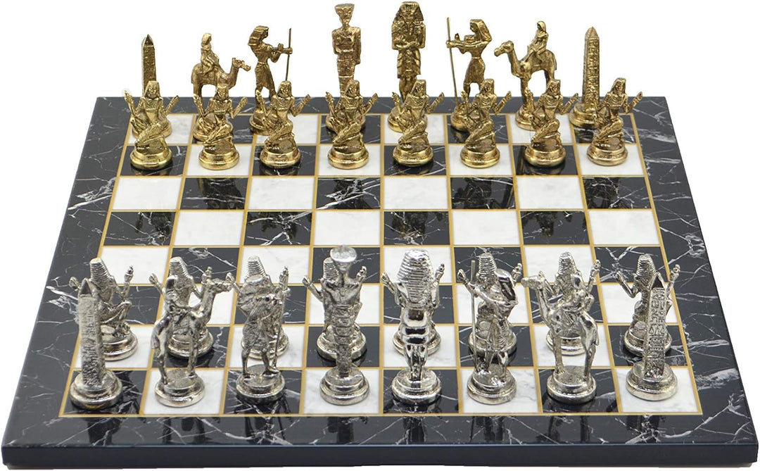 Gifthome Metall-Schachset Gross Ägypten Schachbrett mit Glitzerstein und Plain Marmor