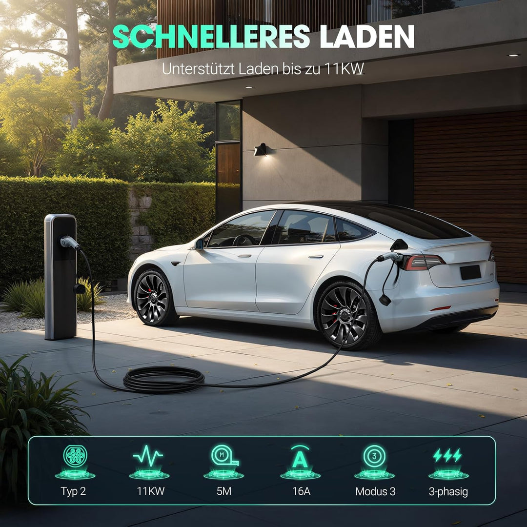 POWERBEST Typ-2-Ladekabel, 11KW 5M 16A Dreiphasiges E-Auto-Ladekabel Typ 2 auf Typ 2 Mode 3 für Elek