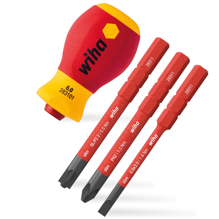 Wiha Schraubendreher mit Bithalter Set slimVario® electric Stubby I 4 teilig mit slimBits I Schlitz/