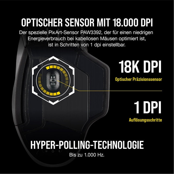 CORSAIR DARK CORE RGB PRO Wireless FPS/MOBA Gaming Maus - 18.000 DPI - 8 Programmierbare Tasten - Su