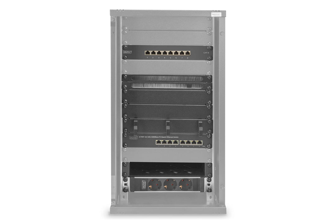 DIGITUS 10-Zoll Set - Netzwerk-Schrank 12HE Schwarz - Fachboden - Steckdosenleiste - 8-Port Patch-Pa