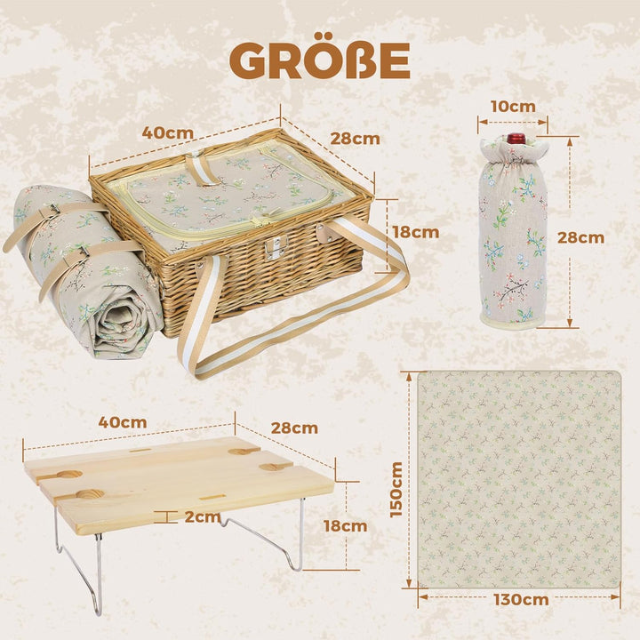 Picknickkorb-Set mit Klapptisch und Besteck-Set, Picknickkorb für 4 Personen mit kühltaschen, Flecht