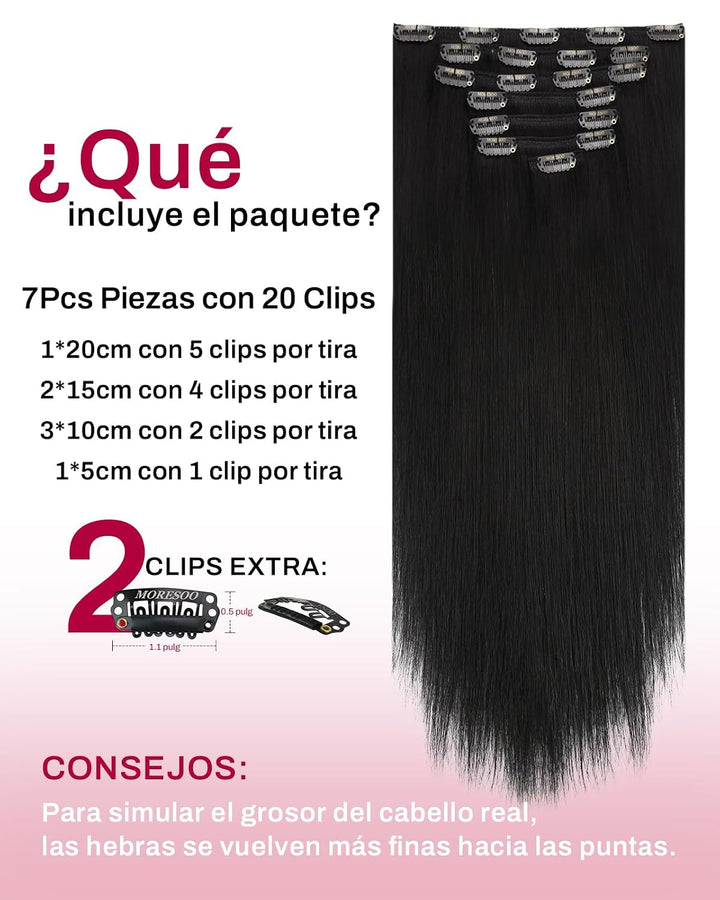 Moresoo Clip in Extensions Echthaar Schwarz Haarverlängerung Echthaar Clip Natürlich Echthaar Extens