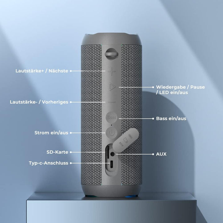 RIENOK Bluetooth Lautsprecher mit Licht Bluetooth 5.3 Musikbox Bass Kabellos Box mit IPX7 wasserdich