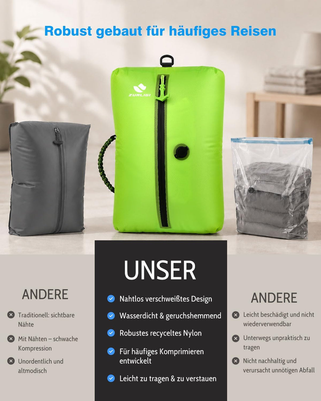 Zurligi Vakuumbeutel Reise Set mit Pumpe, wiederverwendbar, reissfestes Nylon, wasserdichter Vakuum-