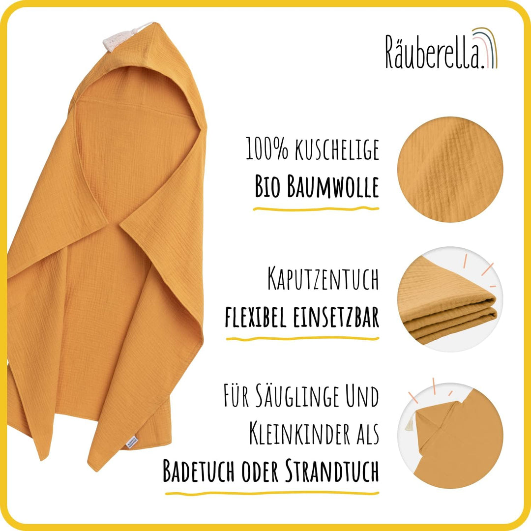 Räuberella® Kapuzenhandtuch-Baby in Senf-Gelb I 75x100cm I Musselin-Badetuch-Baby aus 100% Bio-Baumw