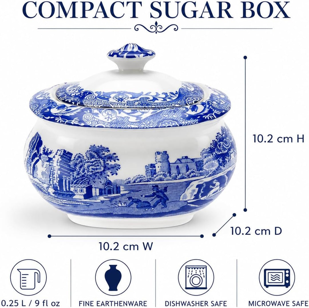 Spode Blaue italienische Zuckerdose mit Deckel.