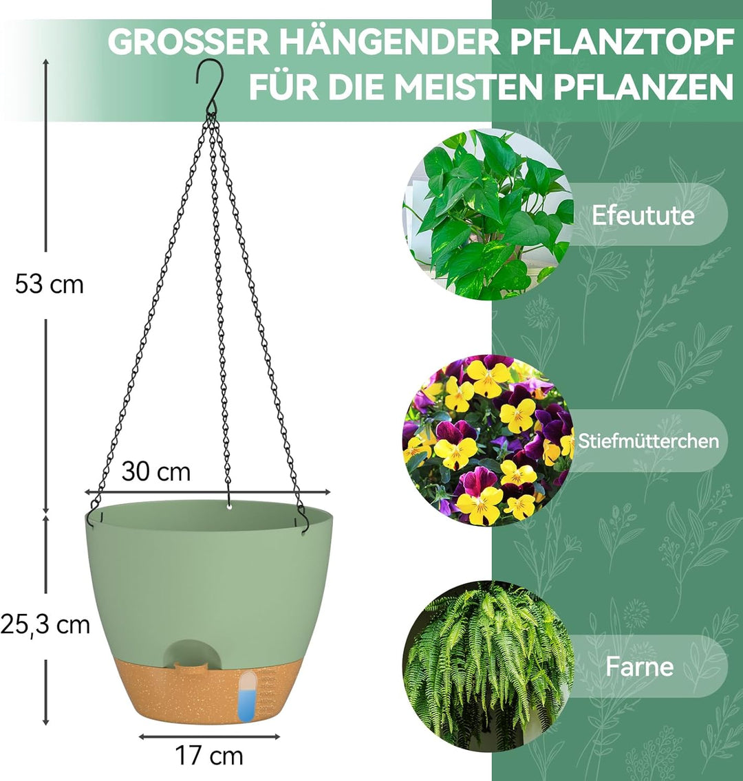 ZMTECH 30 cm Blumentopf Hängend mit Bewässerungslippe 12 Zoll selbstbewässernder Pflanzentopf mit Ab