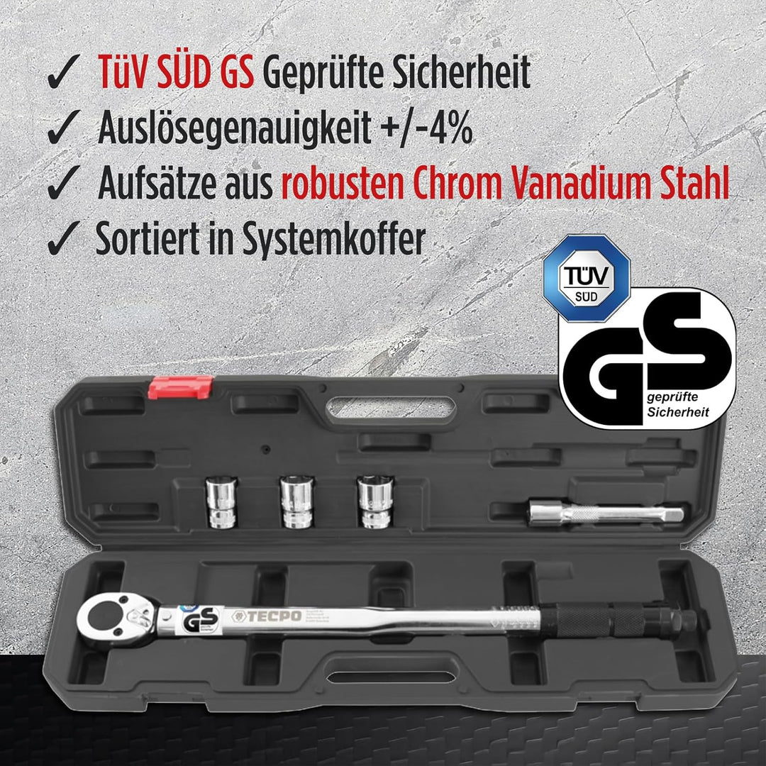 TECPO Drehmomentschlüssel Satz 1/2 Zoll Werkzeug 470mm lang 40-210 Nm 3x Steckschlüssel Nüsse 17mm 1