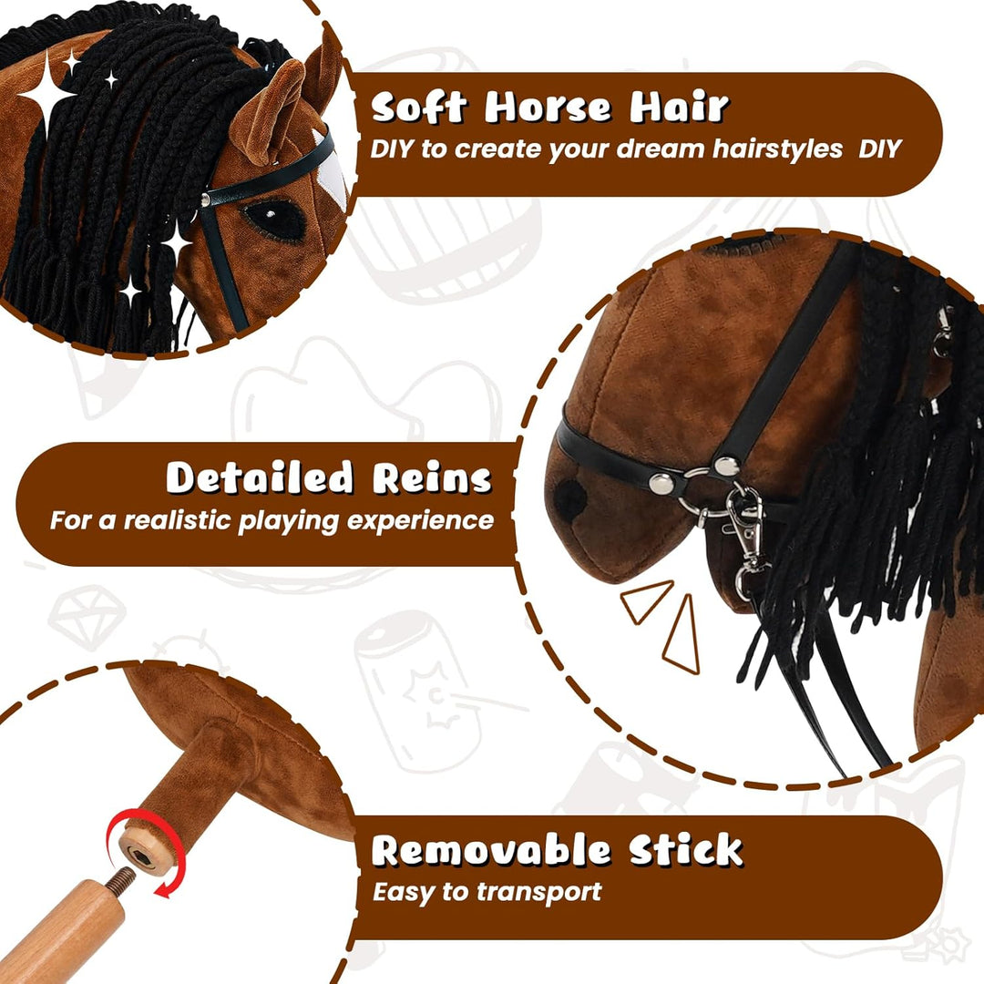 Hobby Horse für Kinder, Steckenpferd Spielzeug Pferd mit Halfter und Zügeln, Holzpferd Plüschpferd S