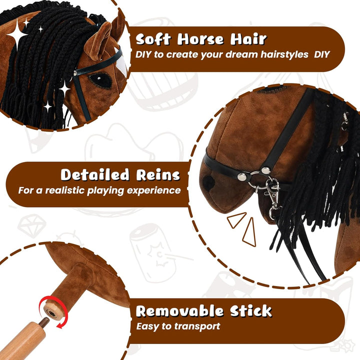 Hobby Horse für Kinder, Steckenpferd Spielzeug Pferd mit Halfter und Zügeln, Holzpferd Plüschpferd S