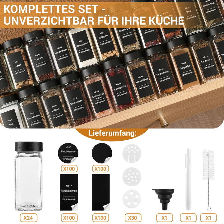 Gewürzgläser Eckig Set 24er - Gewürzdosen Glas 120ml mit Etiketten & Streueinsatz - Gewürzbehälter f