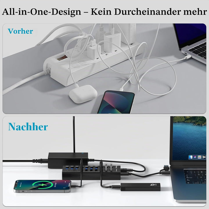 10 Port USB Hub mit Netzteil 60W - 10Gbps USB 3.2 Gen 2 Hub Aktiv aus Aluminium mit 6 USB-A & 4 USB-