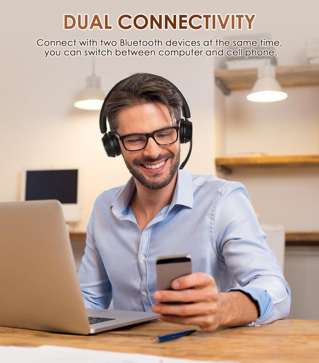 Soothielec Bluetooth Headset, Kabelloses Headset mit Mikrofon mit Geräuschunterdrückung, bestes Head