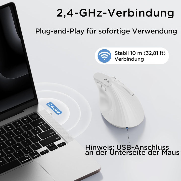 Uineer Vertikale Maus kabellos, 2,4G ergonomische Maus mit Akkuanzeige, 4 Stufen DPI, computermaus f