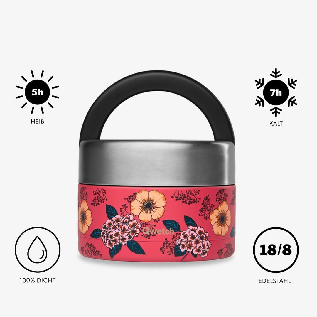 QWETCH - Thermobehälter für Essen mit Griff - 650ml Anemonen - Lunchbox Edelstahl Isotherm - 5h Heis