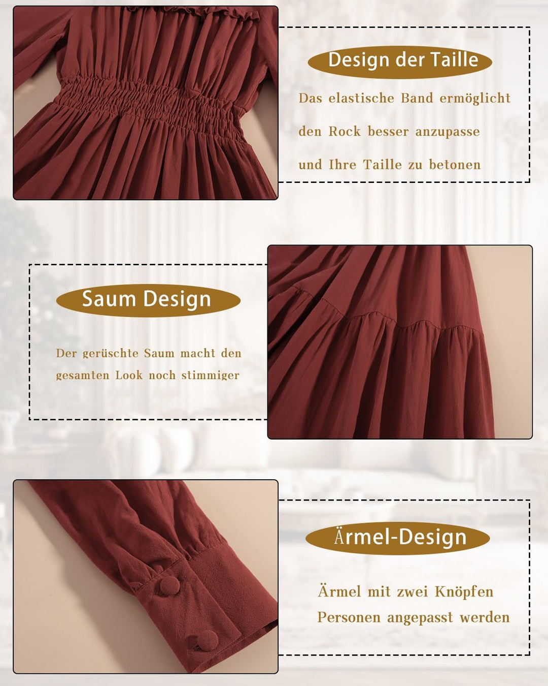 CR ROLECOS Mittelalter Kleidung Damen Viktorianisches Kleid Langarm A-Linie Vintage Edwardianisches