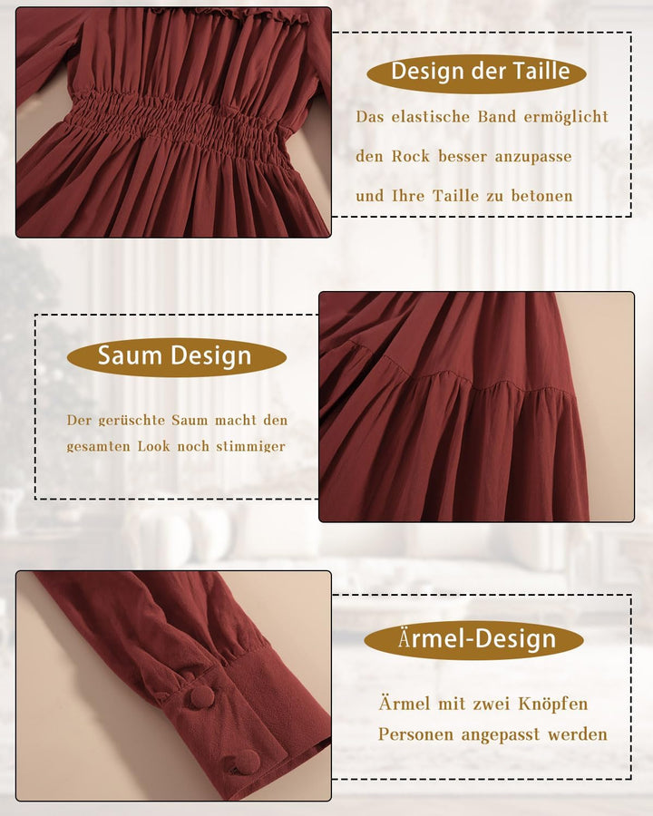 CR ROLECOS Mittelalter Kleidung Damen Viktorianisches Kleid Langarm A-Linie Vintage Edwardianisches