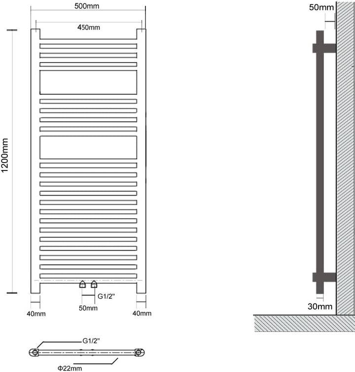 S SIENOC 500 x 1200 mm Badheizkörper mittelanschluss Badheizkörper handtuchhalter Heizkörper Handtuc