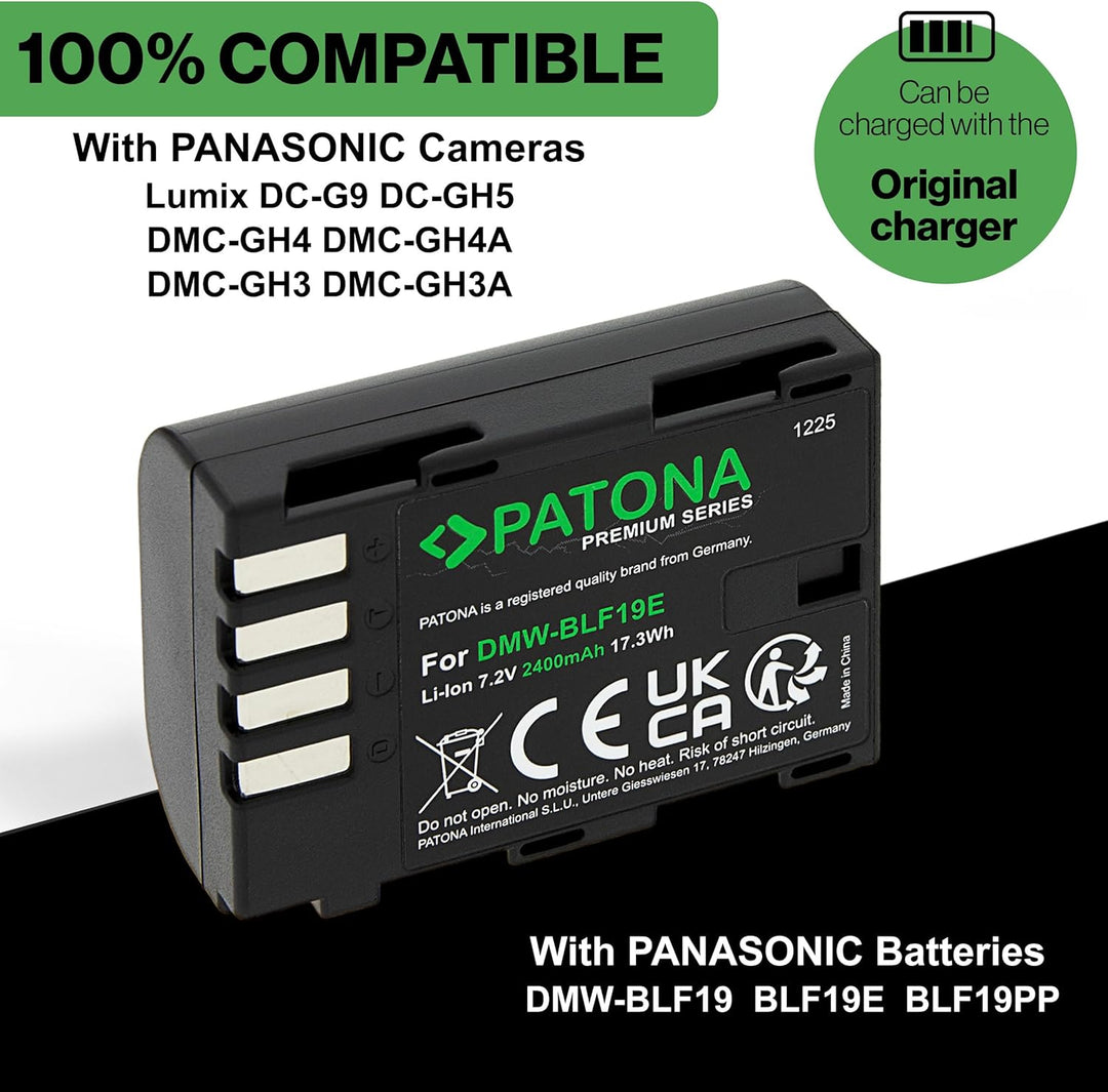 PATONA 2X Premium DMW-BLF19 E Akku 2400mAh Ersatzakku kompatibel mit Panasonic Lumix DC-G9 G9L G9EG