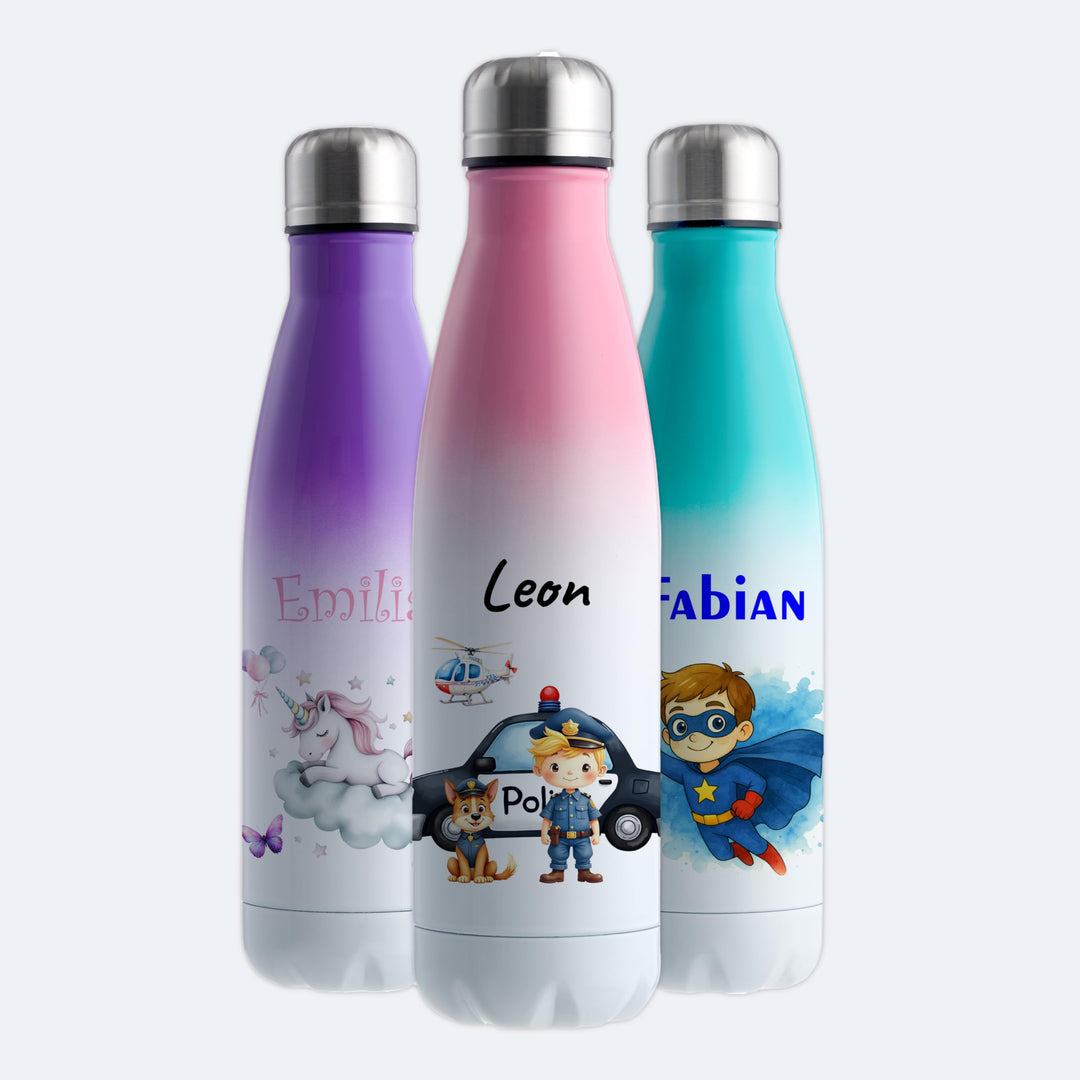 Trinkflasche Edelstahl 500 ml personalisiert - "Polizei" – doppelwandige Thermosflasche hält 13 h wa