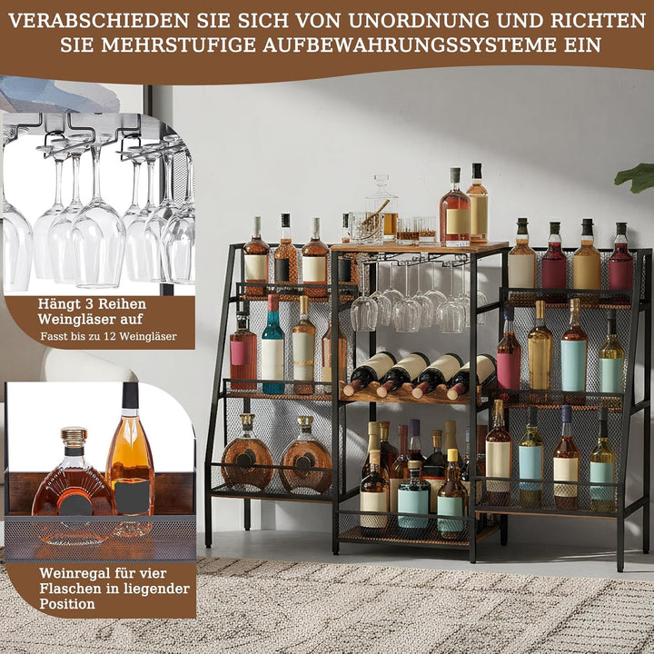 8-Tier Abgestufte Liquor Cabinet Mini Bar, Freistehendes Weinregal mit Geländer und Glashalter, Meta