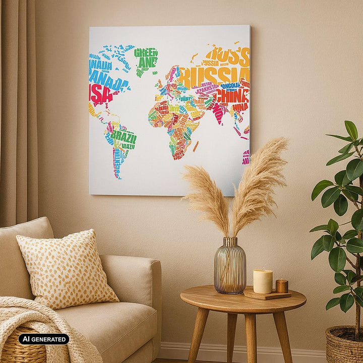 Bilder auf Leinwand Karte Worte Welt Geographie Leinwandbild 60x60cm Wandbilder Dekoration Wohnzimme