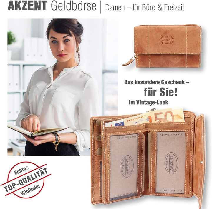 Akzent Damen Geldbörse aus Echtleder Anthrazit Format 14 x 9 cm Braun, Braun