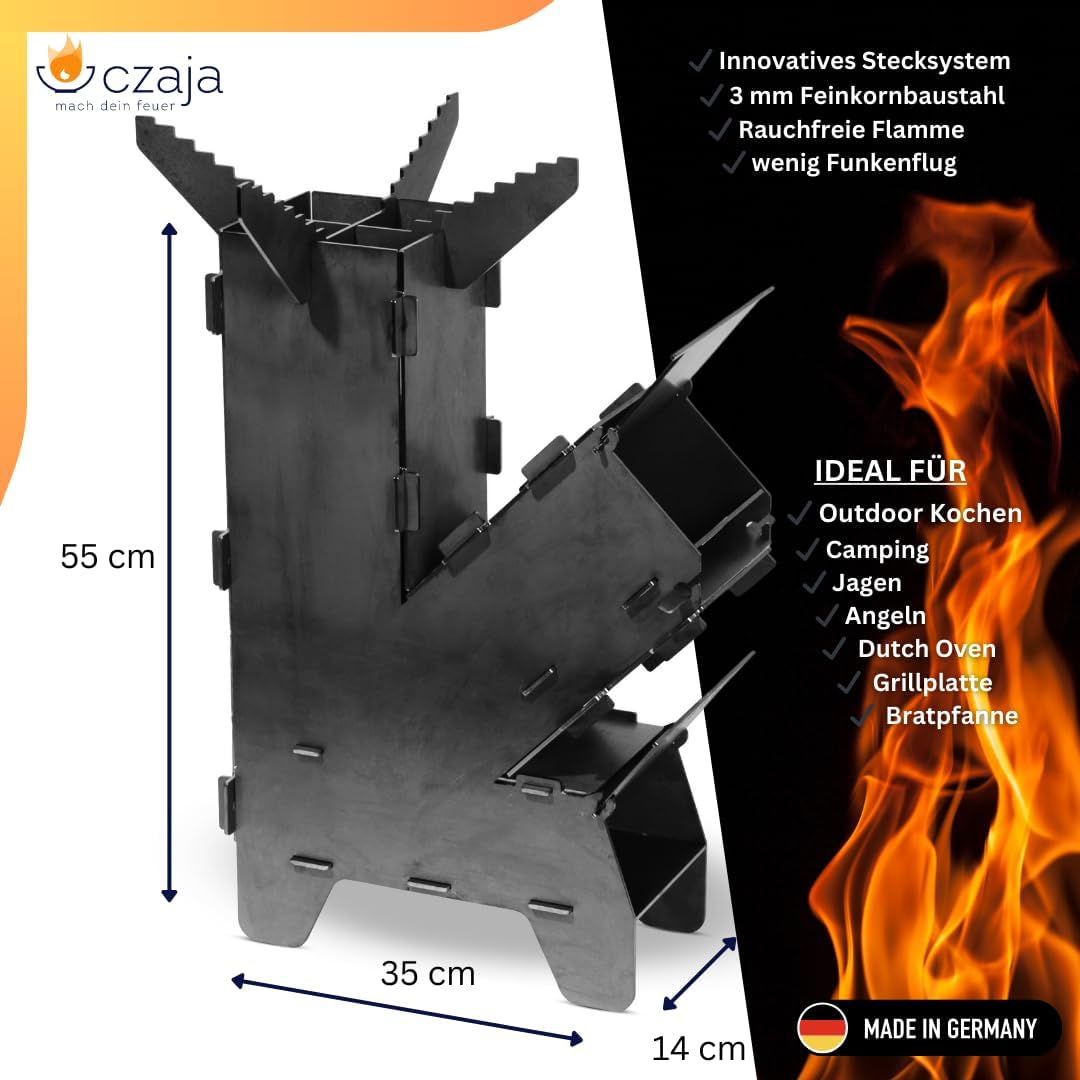 Czaja Raketenofen Rocket Stove Stecksystem aus massivem 3 mm dickem Stahl Feuerschale BBQ Rakete Hol